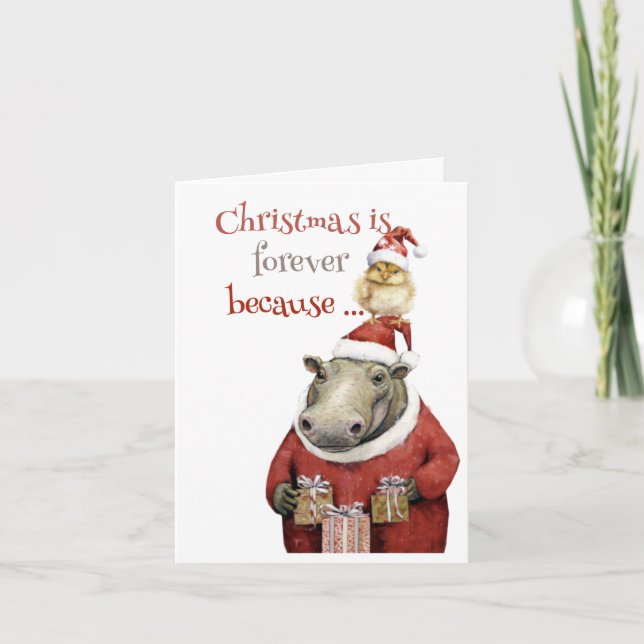 Carte de vacances pliée Hippopotame et Poule (Devant)