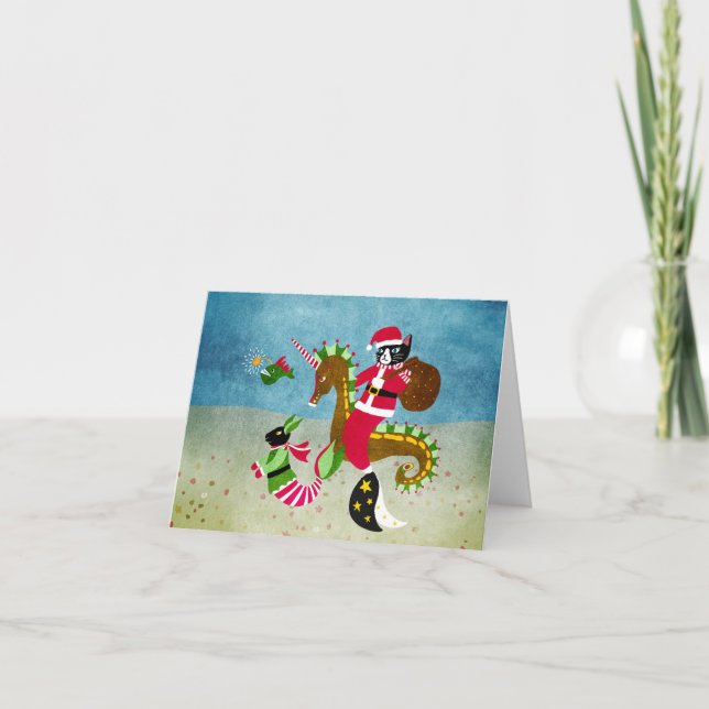 Carte de vacances pliée Mermaid cat Santa (Devant)