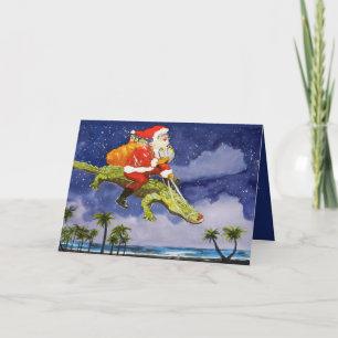 Carte de vacances pliée père Noël et Alligator