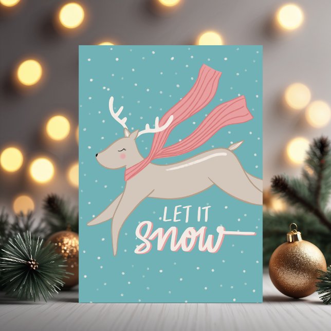 Carte de vacances pliée Renne cabrioleur (Prancing reindeer folded holiday card. Illustrated and hand-lettered by Clearlytangled Studio.)