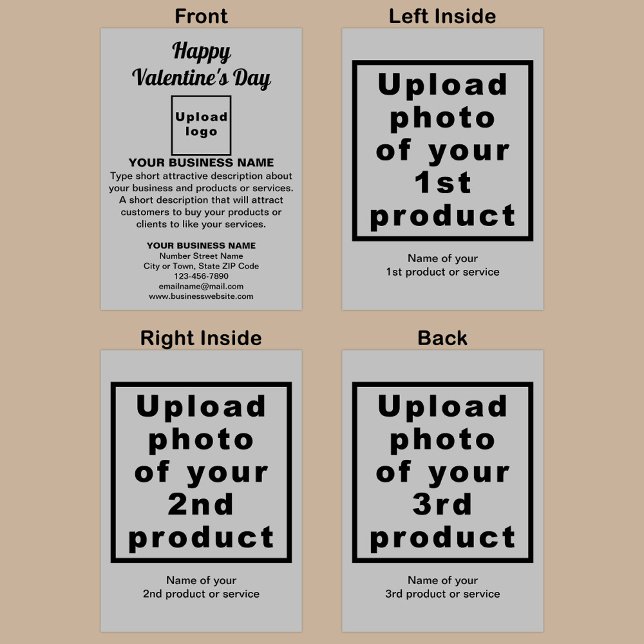 Carte de vacances pliée Valentine Grey Business (Gray folded holiday card for Valentine with your business brand and products or services.)