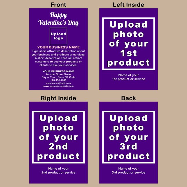 Carte de vacances pliée valentine violet d'affaire (Purple folded holiday card for Valentine with your business brand and products or services.)