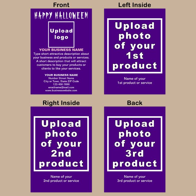 Carte de vacances pliée violet d'Halloween d'affai (Purple folded holiday card for Halloween with your business brand and products or services.)