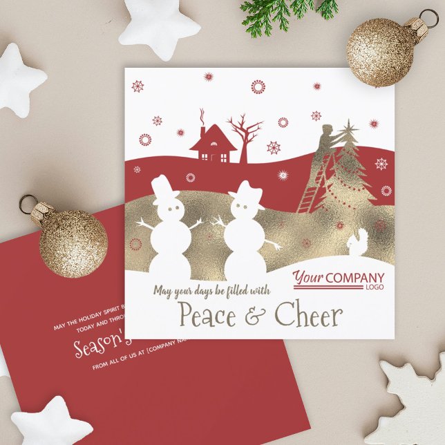 Carte de vacances pour entreprise bourguignonne et (burgundy red maroon company business holiday christmas xmas greeting card gold beige rustic snowmen)