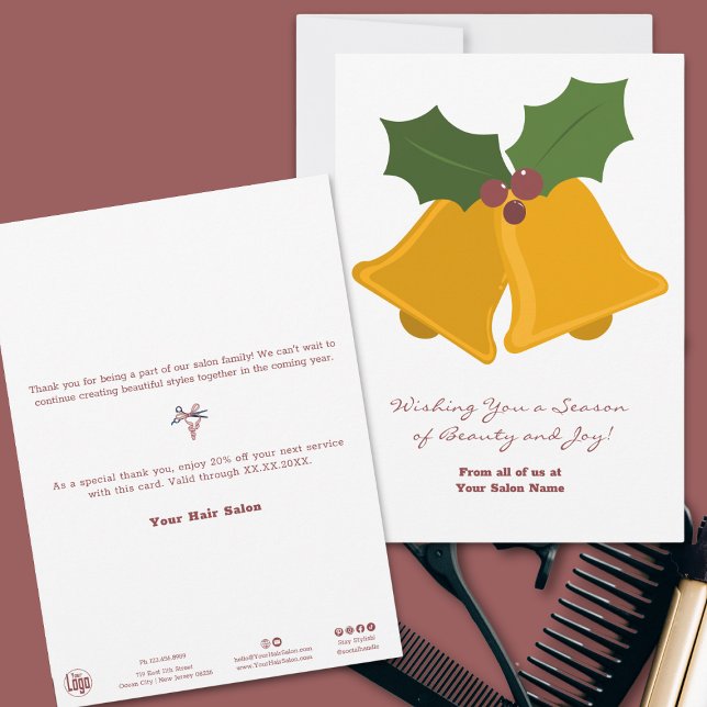 Carte de vacances pour Feuilles de Noël et de Noël (Minimal Christmas Bells & Bay Leaves Holiday Card)