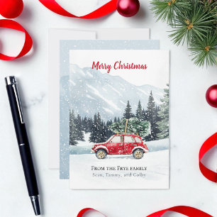 Carte de vacances Red Car Christmas Tree Mountain