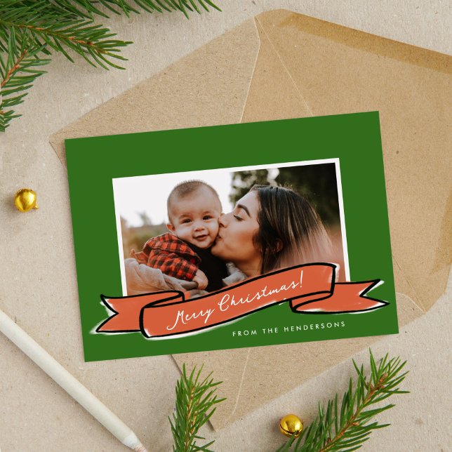 Carte de vacances Red Ribbon Green Christmas (Red Ribbon Green Christmas Photo Flat Holiday Card)
