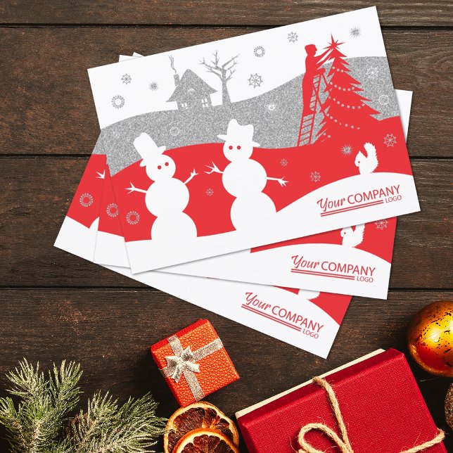 Carte de vacances Red & Silver Parties scintillant (red silver company holiday greeting cards, logo'd red logo client business Christmas cards snowmen)
