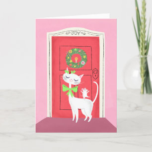 Carte de vacances Retro Christmas White Cat and Mo