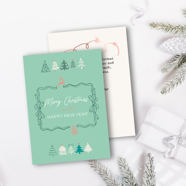 Carte de vacances rétro Doodle d'arbres chics et d (Festive Bow & Chic Trees Doodle Retro Holiday Card)