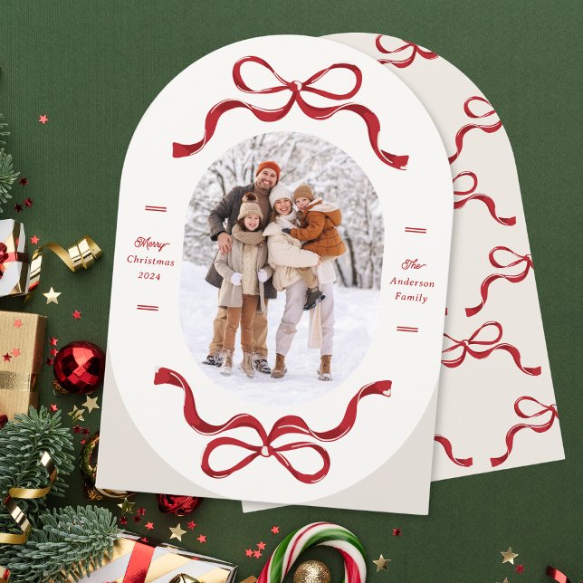 Carte de vacances Retro tendance Red Bows Oval Pho (Créateur téléchargé)