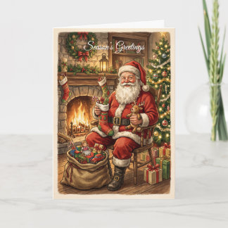 Carte de vacances rétro vintage Santa au coin du f