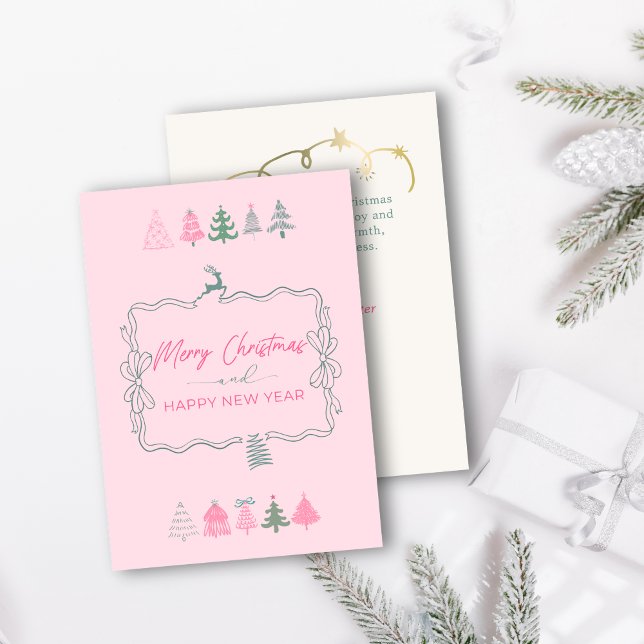 Carte de vacances rose avec ruban festif et arbres (Festive Bow & Chic Trees Doodle Pink Holiday Card)