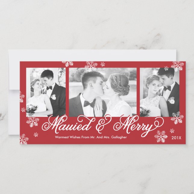 Carte de vacances Snowflake Mauied & Joyeux 3 Phot (Devant)