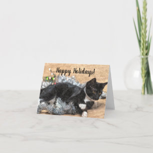 Carte de vacances Tuxedo Kitten Tinsel et Lights