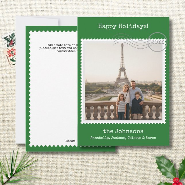 Carte de vacances verte photo carrée timbre-poste (Modern nostalgic holiday photo card with postage stamp border. Add your custom greeting.)