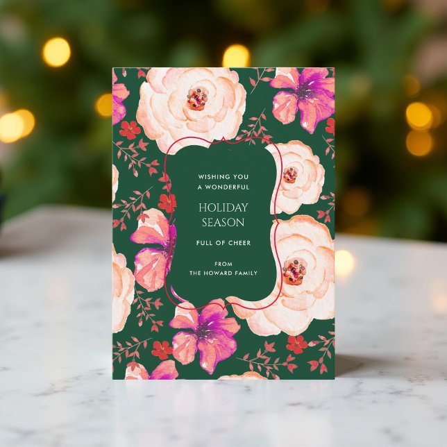Carte de vacances Vintage Floral Rouge Vert (Créateur téléchargé)