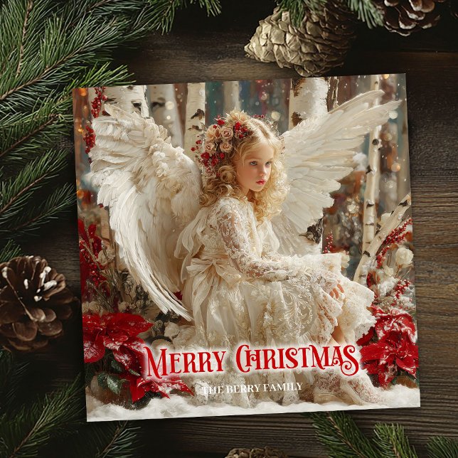 Carte de vacances vintage joyeuse ange rouge blanc (Cheerful vintage angel red white gold holiday greeting card

)