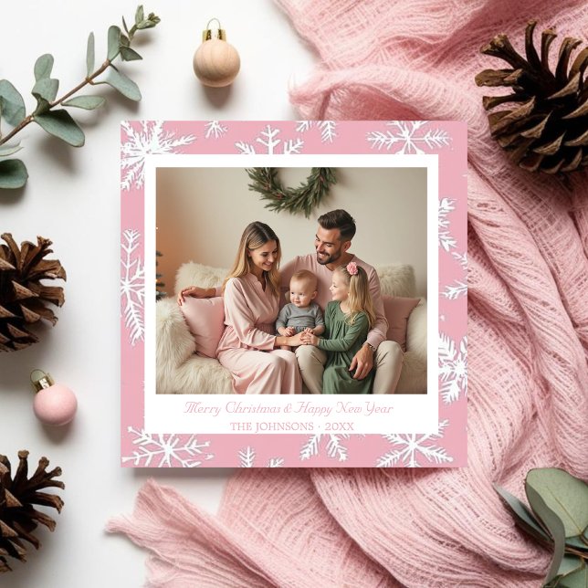 Carte de vacances vintage rose et blanc (Vintage Pink and White Snowflakes Holiday Card)