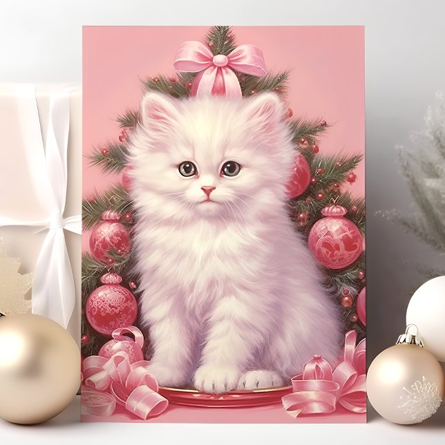 Carte de vacances White Kitten et Pink Christmas T (Créateur téléchargé)