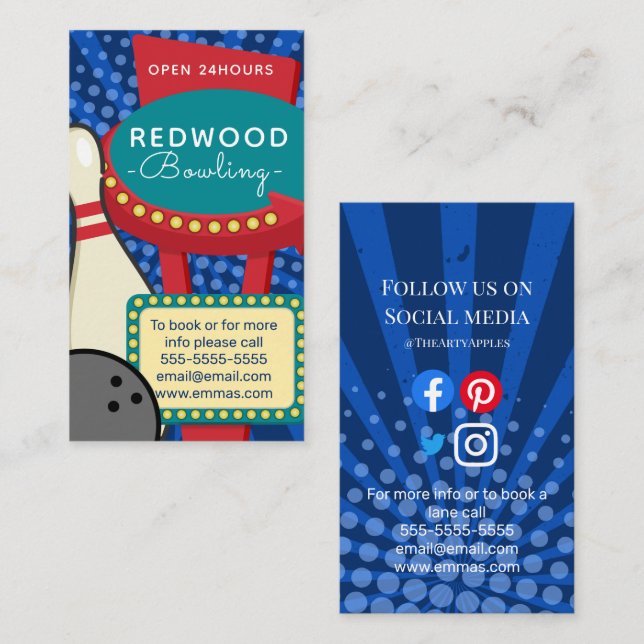 Carte De Visite 10 broches bowling rétro neon bowling alley (Devant / Derrière)