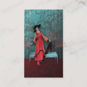 Carte De Visite 1913 Luxe : Mode vintage en rouge et turquoise