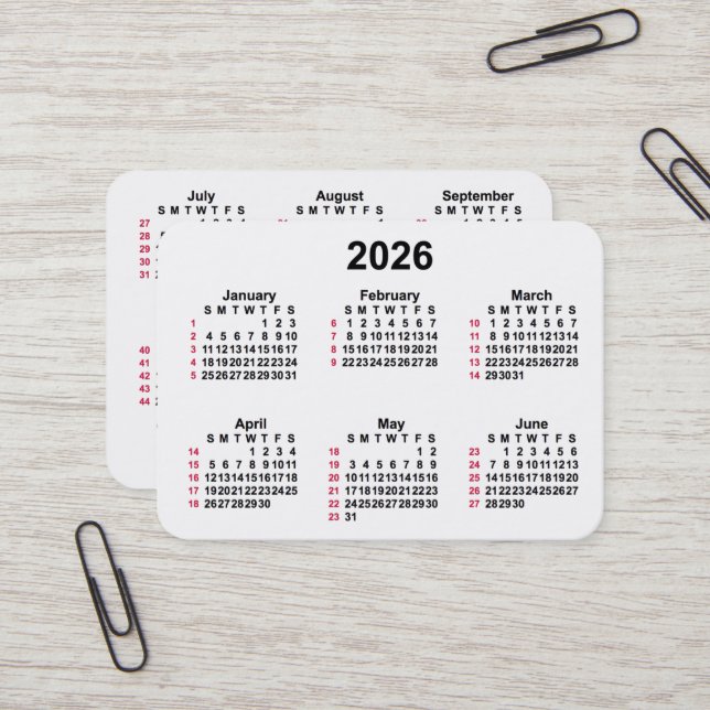 Carte De Visite 2026 Blanc 52 semaines Calendrier ISO par Janz (Devant/Arrière en situation)