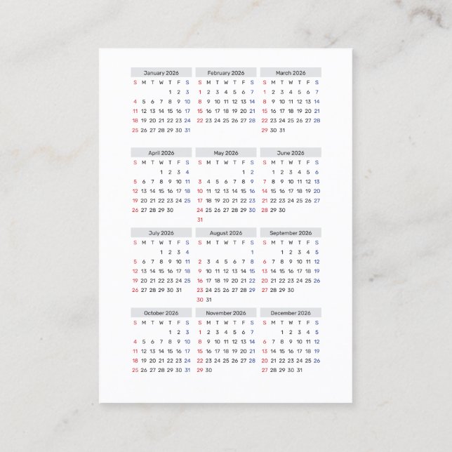 Carte De Visite 2026 Calendar Card: Sunday Start, Black & White  (Dos)