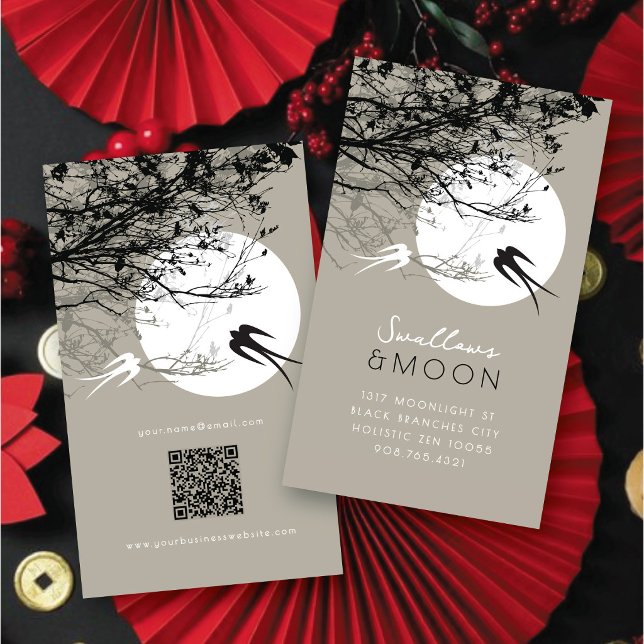 Carte De Visite 2 Hirondelles & Branches au Clair de Lune Moderne  (2 Swallows & Silhouette Branches in Moonlight Grey Modern Zen Business / Profile Card @ fat_fa_tin)