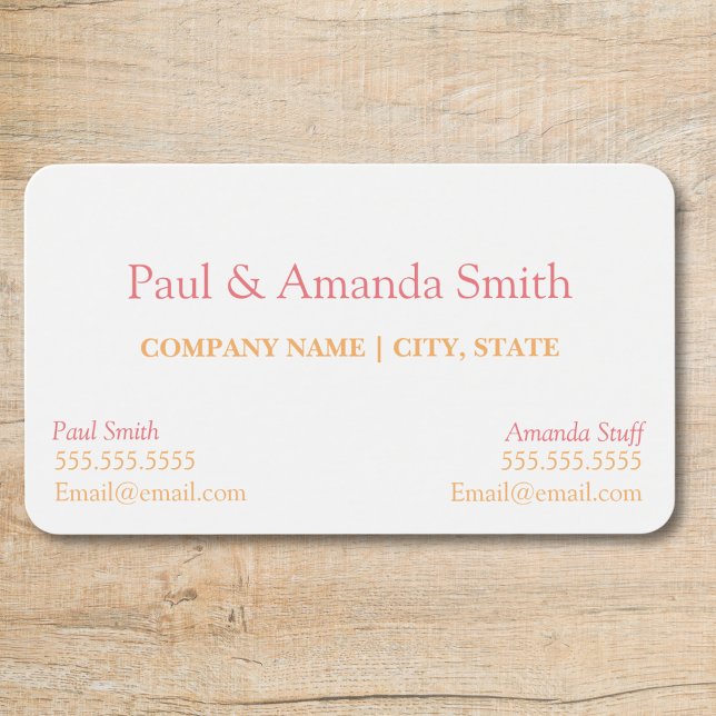 Carte de visite - 2 noms (business card with slot for two names Rounded corners Pink and Orange text, two contacts)