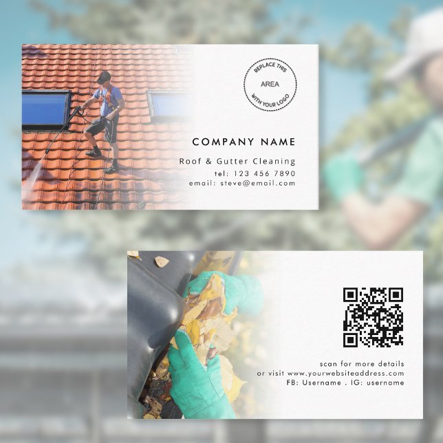 Carte De Visite 2 Photos Logo QR Code Toit et Gutter Cleaning (Front and back view)