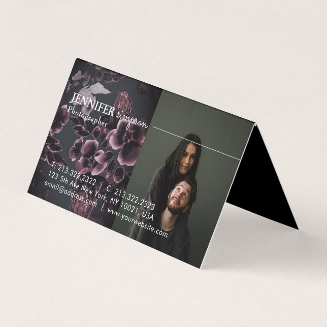 Carte De Visite 3 Photos Plan floral bleu marine et bordeaux (Devant)