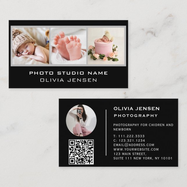 Carte De Visite 3 Photos QR Code Bébé Photographe Noir (Devant / Derrière)