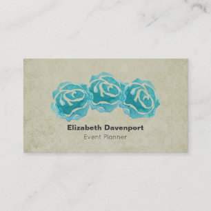 Carte De Visite 3 Roses Turquoises d'aquarelle sur Tan Damask Vint