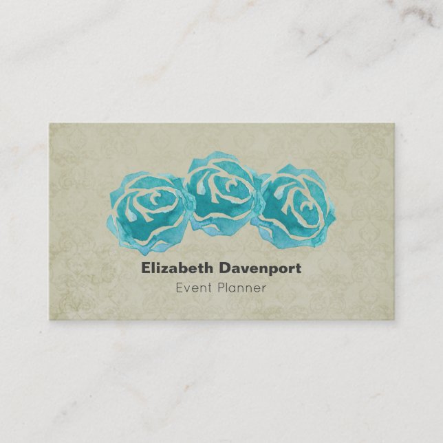 Carte De Visite 3 Roses Turquoises d'aquarelle sur Tan Damask Vint (Devant)