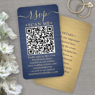 Carte De Visite 50 Cartons QR RSVP Bleu et Or Enclosure de Mariage