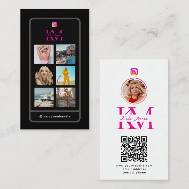 Carte De Visite 6 Photo Collage Influencer Feed Pink Monogram (Devant / Derrière)