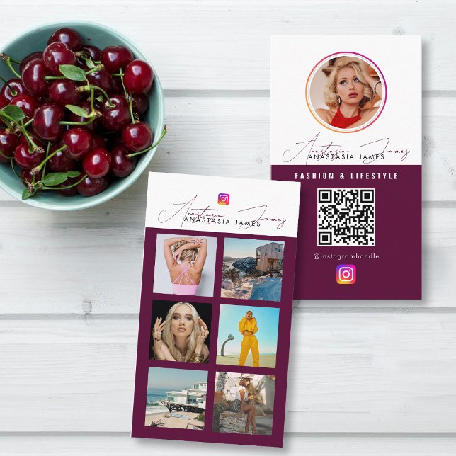 Carte De Visite 6 Photo Feed Grid Médias sociaux QR Code Bourgogne (6 Photo Feed Grid Social Media QR Code Burgundy Business Card)