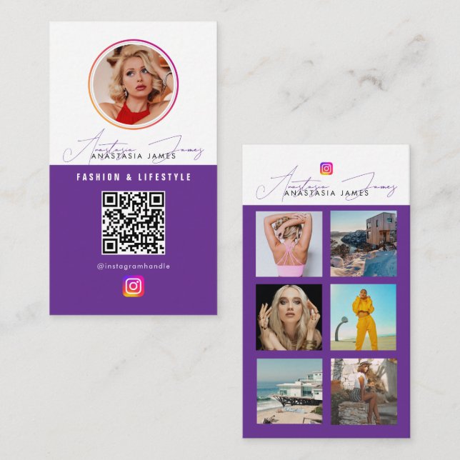 Carte De Visite 6 Photo Feed Grid Médias sociaux QR Code Purple (Devant / Derrière)