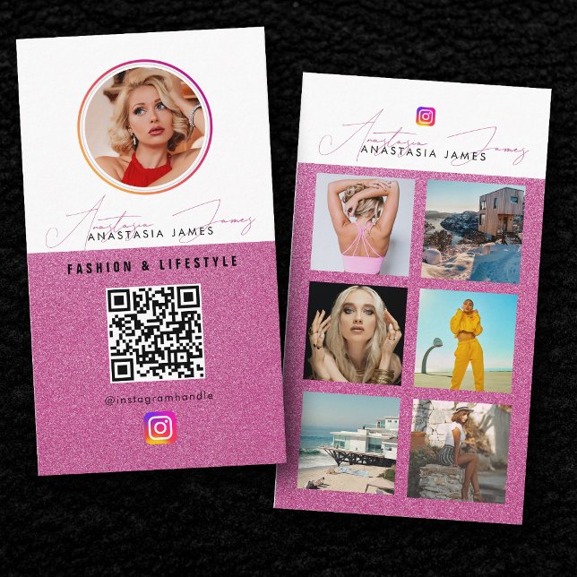 Carte De Visite 6 Photo Feed Grid Médias sociaux QR Code rose (6 Photo Feed Grid Social Media QR Code Pink Business Card)