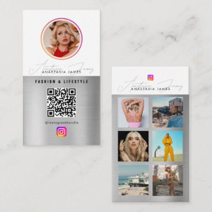 Carte De Visite 6 Photo Feed Grid Médias sociaux QR Code Silver