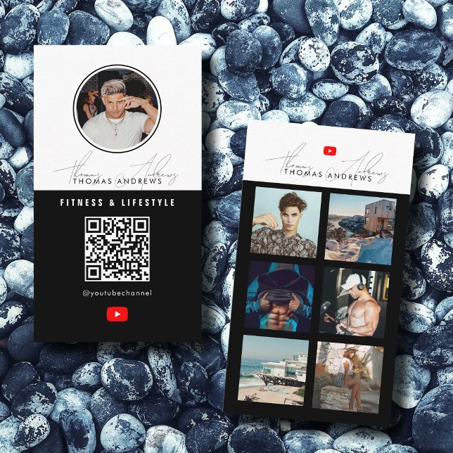 Carte De Visite 6 Photo Feed Grid Vlogger Channel QR Code Homme (6 Photo Feed Grid Vlogger Channel QR Code Male Business Card)
