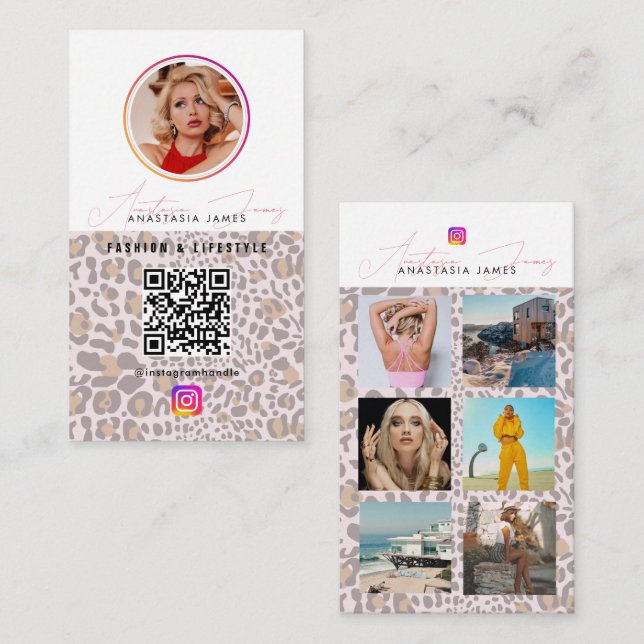 Carte De Visite 6 Photo Grid Social Media QR Code Leopard Print (Devant / Derrière)