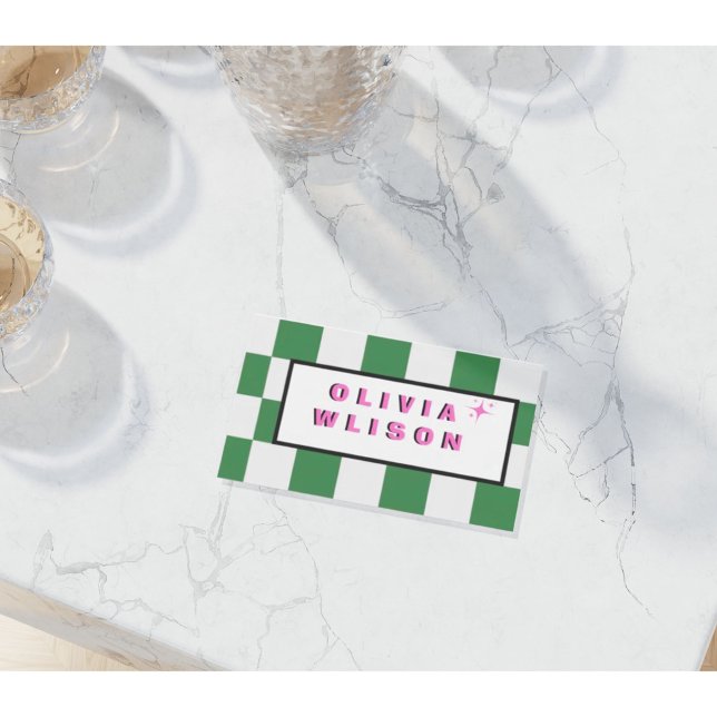 Carte de visite à carreaux rétro verts | Rose gras (Créateur téléchargé)