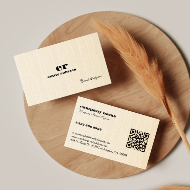 Carte de visite à code QR en lin beige clair toile (Créateur téléchargé)