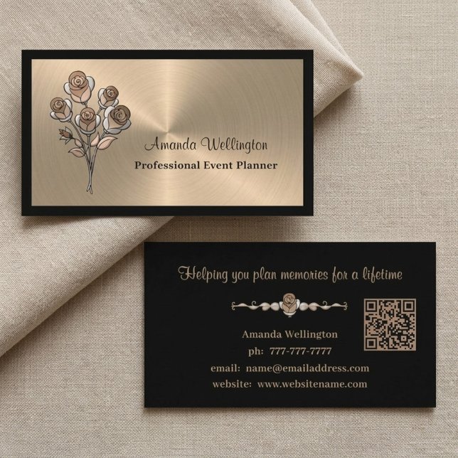 Carte de visite à code QR floral or et noir (Créateur téléchargé)