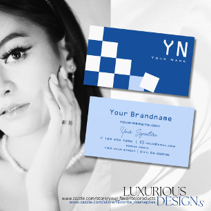 Carte De Visite à damiers Bleu et Blanc avec Monogramme Moderne