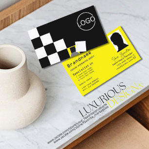 Carte De Visite à damiers noir blanc jaune avec logo et photo