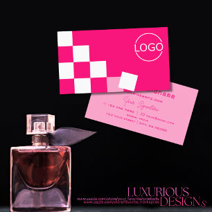Carte De Visite à damiers rose et blanc moderne avec logo élégant