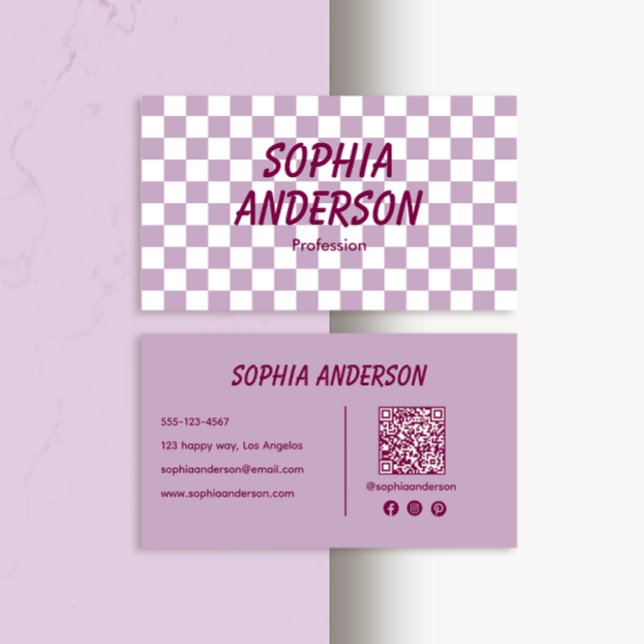 Carte De Visite À damiers violet moderne avec code QR (Créateur téléchargé)